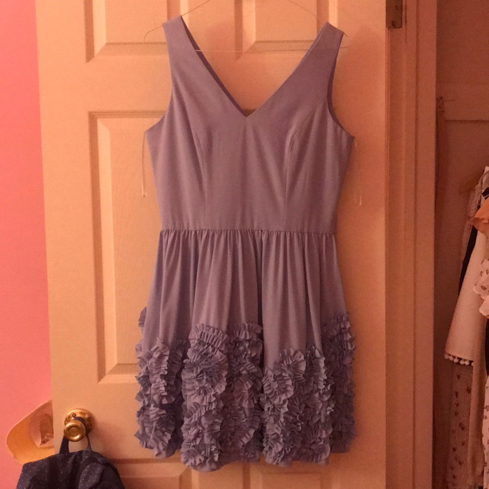 v - Neck Strapless Blue Dress with Floral detail